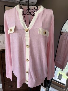 Light Pink Button-Front Cardigan with Cream Trim